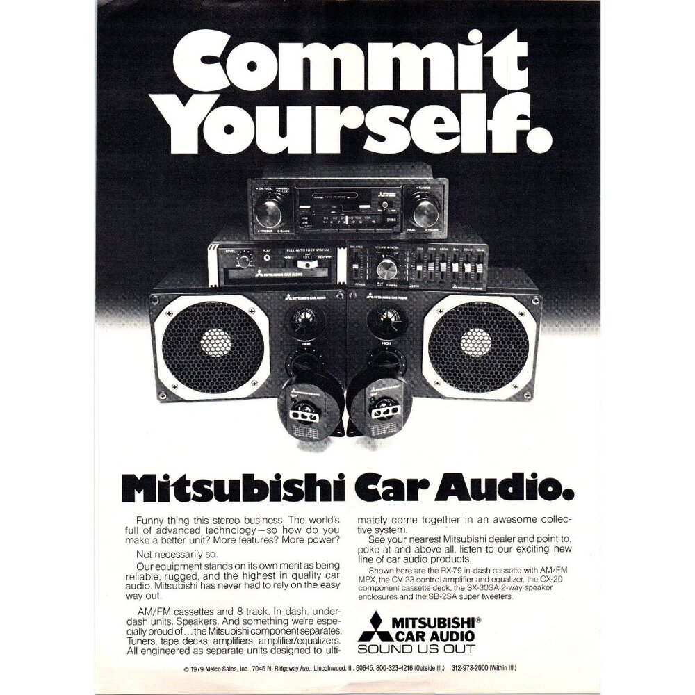1980 Mitsubishi Car Stereo and Speakers Vintage Print Ad Audiophile 80s Wall Art